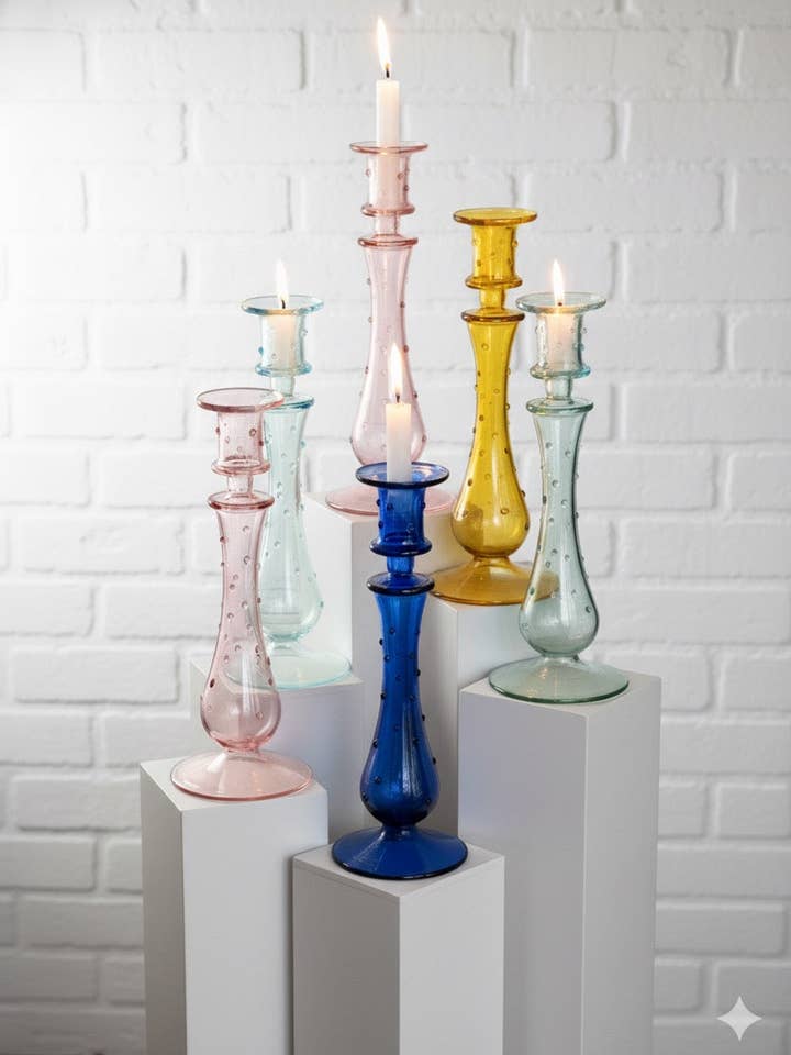 Portavelas de lágrima curva soplado a mano con diseño de puntos para venta al por mayor de Arabazaar Gallery LLC