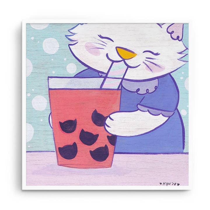 Boba Cat - 6x6 Art Print | Cute Wall Art | Home Decor for wholesale by Cheery Human Studios