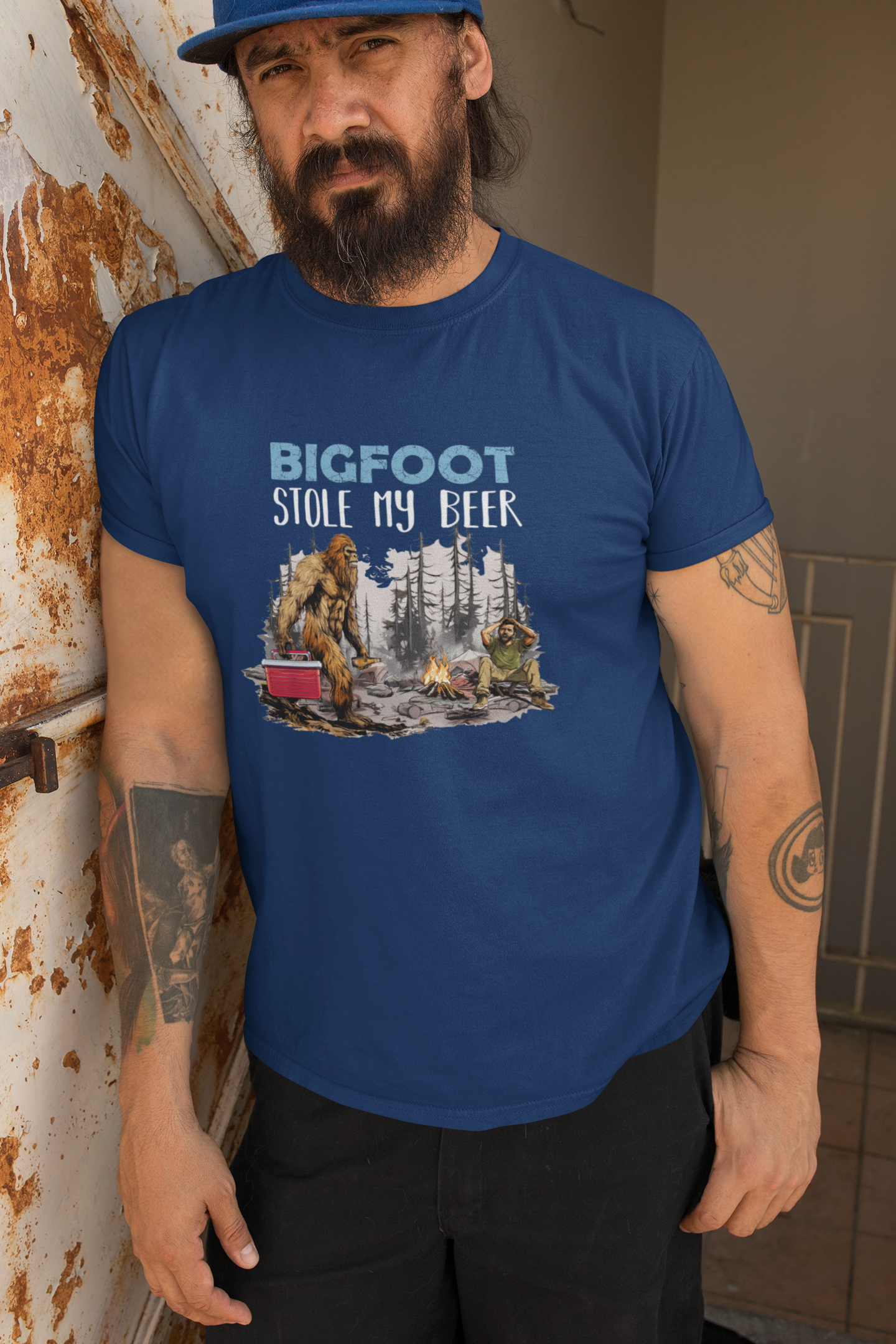 Squatchin’ Country - Wholesale T-Shirt (Graphic) - Men's - Bigfoot stole my beer t-shirt (navy blue)2