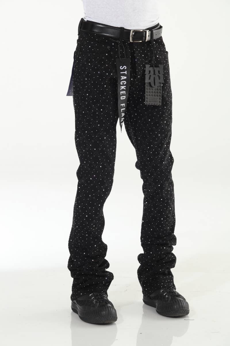 Stylo - Wholesale Jeans - Men's - Black Rhinestone Covered Stacked Flare14