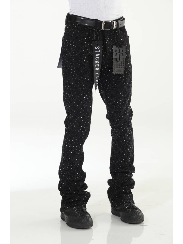 Stylo - Wholesale Jeans - Men's - Black Rhinestone Covered Stacked Flare14
