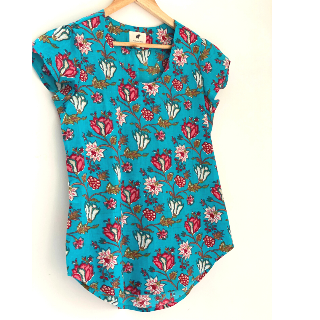 The Indian Bazaar - Wholesale Blouse - Dames - Dames Top - Relaxed Fit Ronde U-hals bloembladmouw Turquoise5