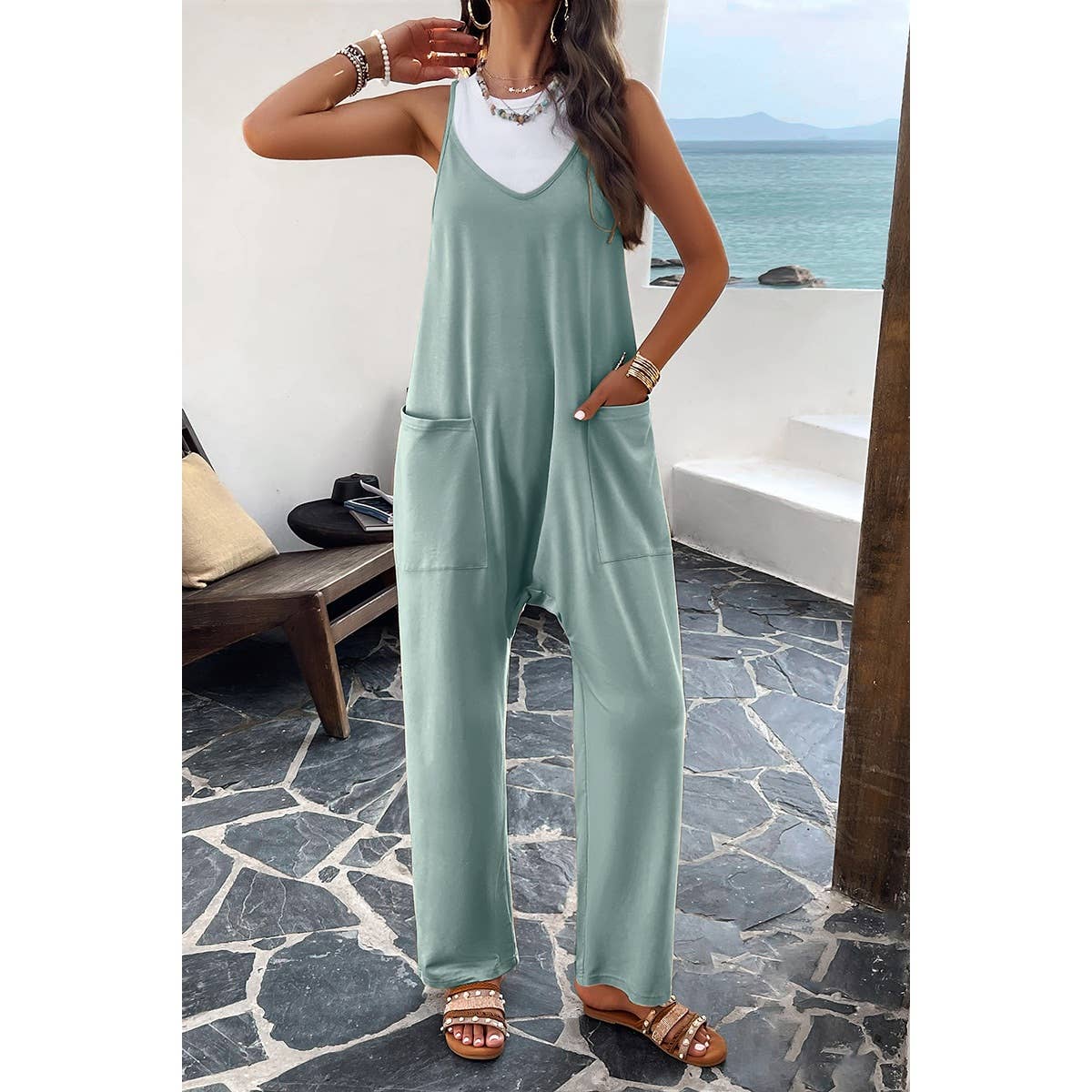 Supreme Fashion - Wholesale Jumpsuit - Women's - Pocketed Spaghetti Strap Loose Sleeveless Jumpsuit14