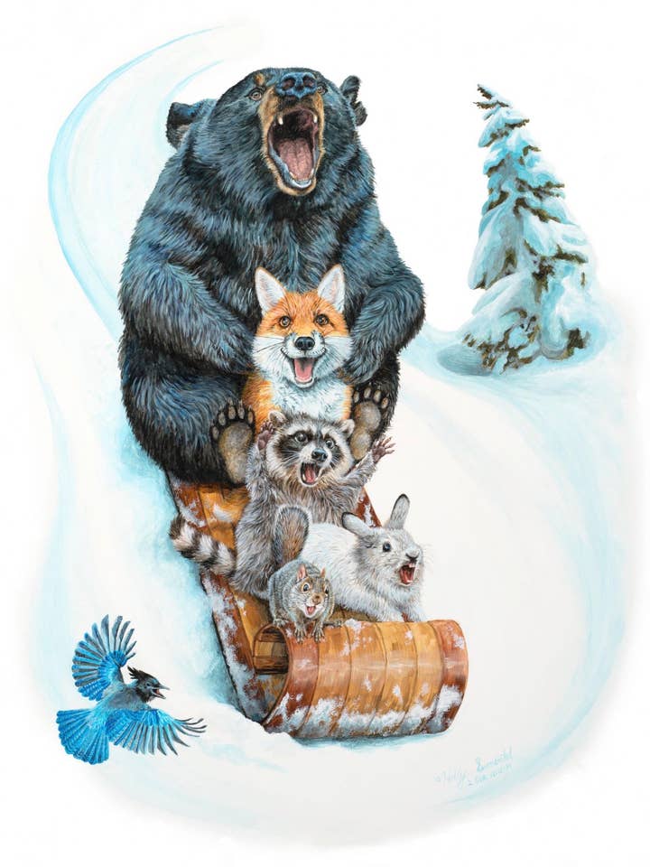 Animal Mountain Sledding Signed Art Print by Holly Simental for wholesale by Holly Simental