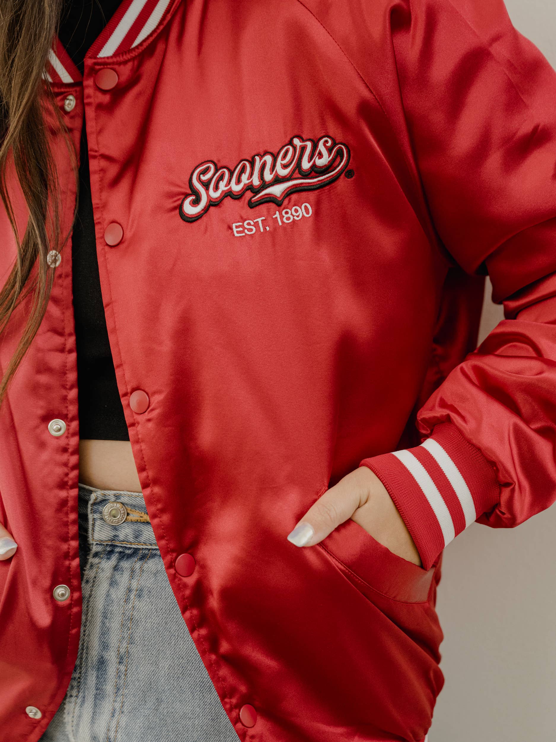 LivyLu - Wholesale Varsity/Baseball Jacket - Women's - OU Sooners Embroidered Satin Jacket4