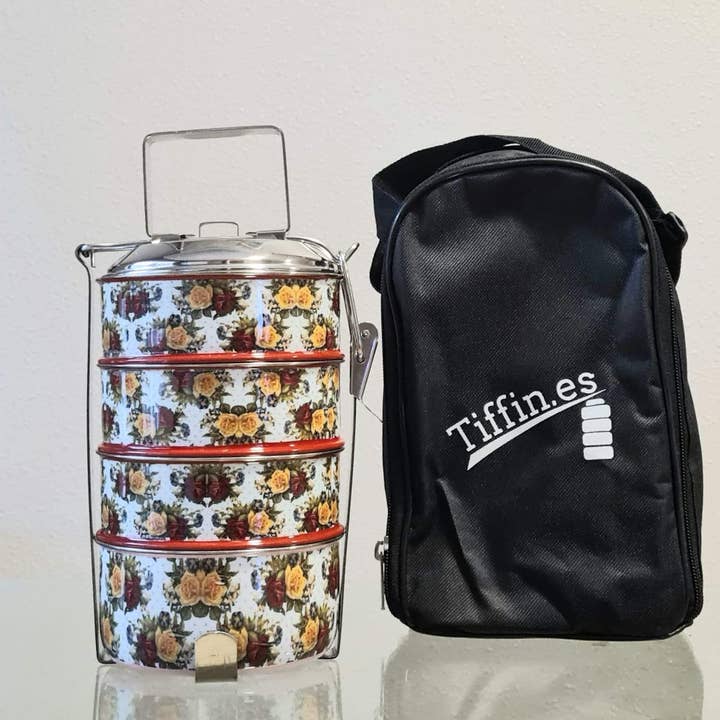 Floral 4 tier 100% stainless steel Tiffin Container for wholesale by Tiffin Spain