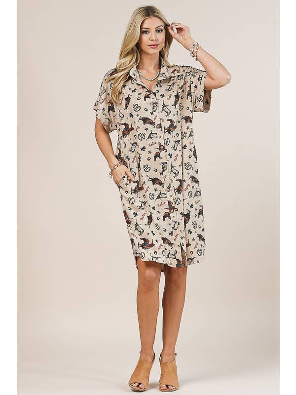 CAMEL AV1246-ANNIE COWBOY PRINT RELAXED BUTTON DOWN DRESS for wholesale on Faire
