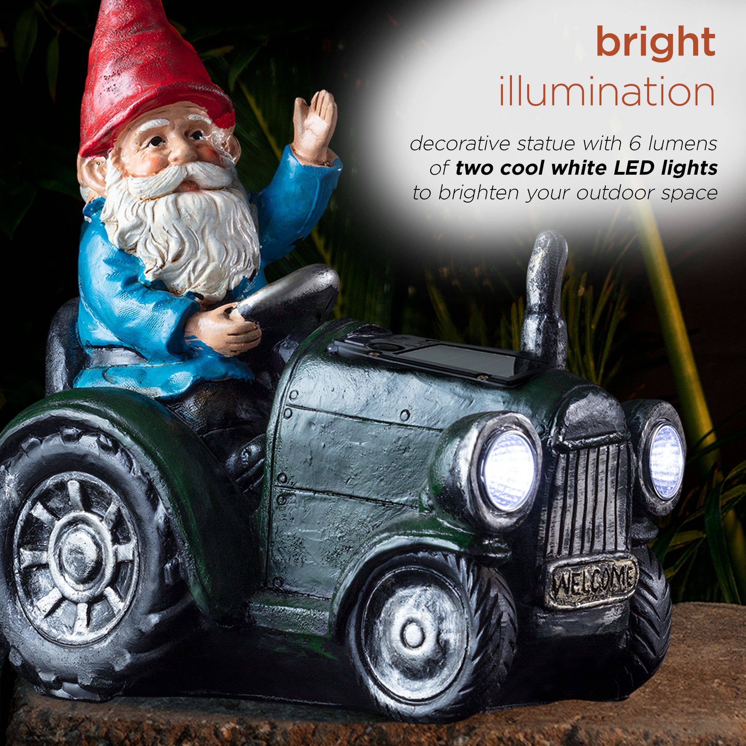Alpine Corporation - Wholesale Garden Gnome - Solar Green Tractor Riding Gnome with Cool White LED Lights3