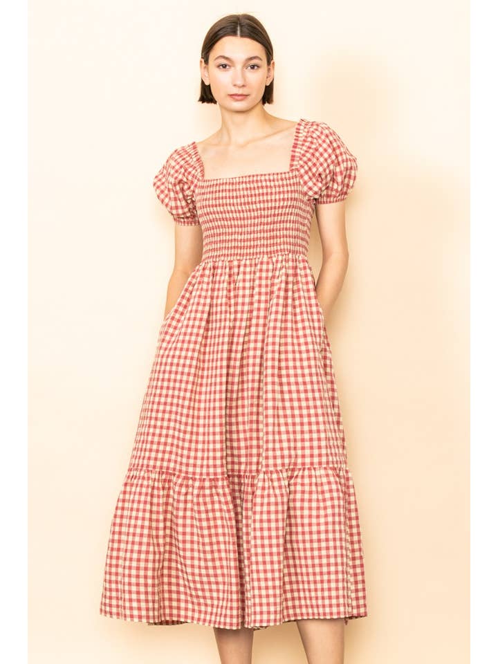 Elloh Collection - Wholesale Dress - Women's - Gingham Puff Sleeves Smocked Chest Midi Dress with Pockets7