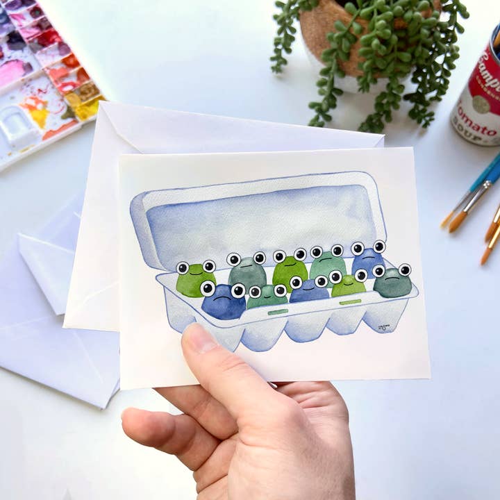 Frogs in Egg Carton Greeting Card – Funny Whimsical Animal for wholesale by Owlfeathers Watercolor
