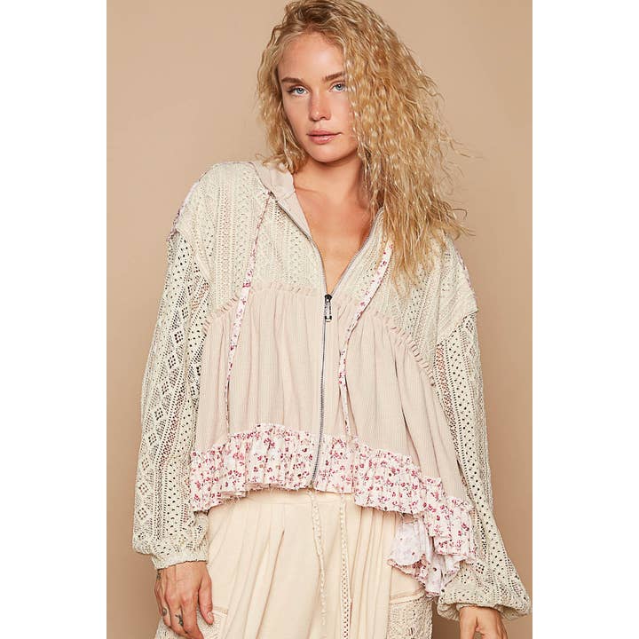 Pol Clothing - Wholesale Blouse - Women's - Crochet lace contrast ruffle front zipper top