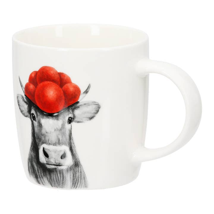 Cup / Mug round cow with Bollenhut white H. 9 cm, PU 6 for wholesale on Faire