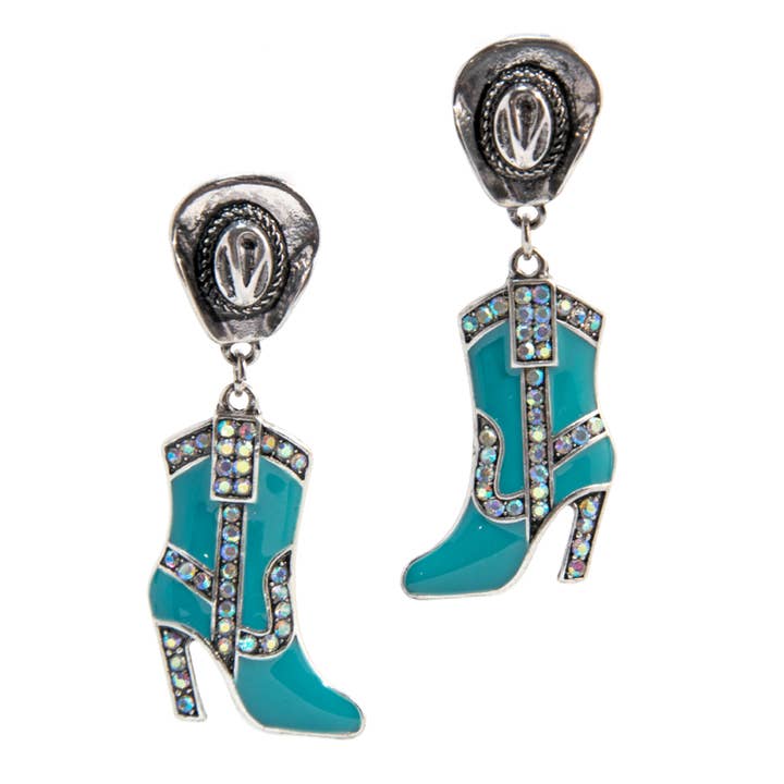 Western Cowboy Boot Dangle Earrings - Turquoise Rhinestones for wholesale by Western Express
