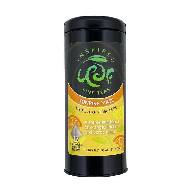 Sunrise Mate tin of 12 compostable pyramid tea bags. Summer. for wholesale by Inspired Leaf Teas