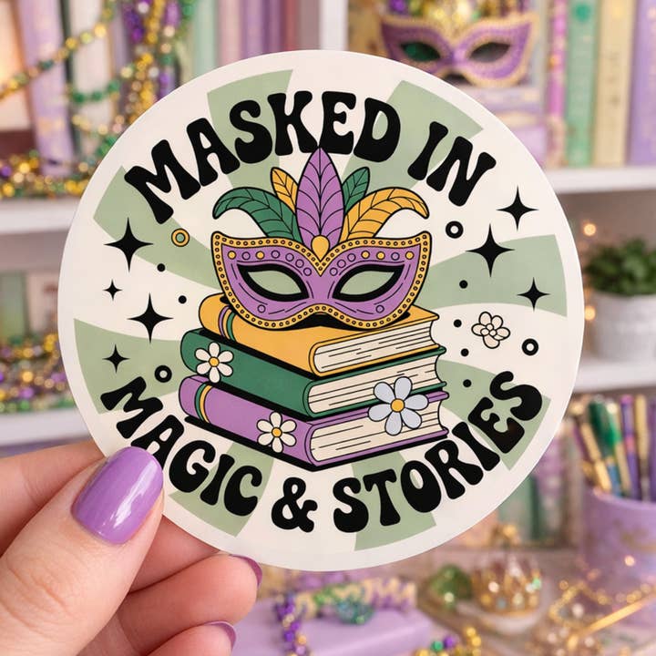 Mardi Gras Bookish Die Cut Sticker for wholesale by Auburn Row Design