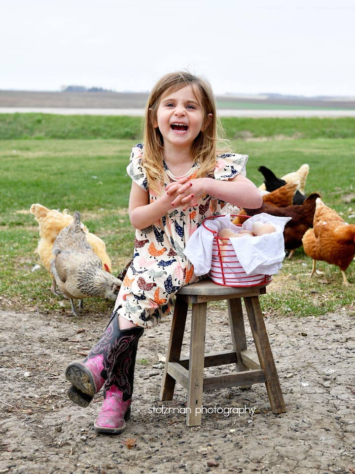 Abito svolazzante in seta color latte con stampa rustica di galline per la vendita all'ingrosso da parte di Great Lakes Kids Apparel