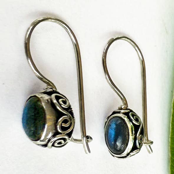 Petit Labradorite Filigree Earrings - Sterling Silver, Indonesia for wholesale by Women's Peace Collection
