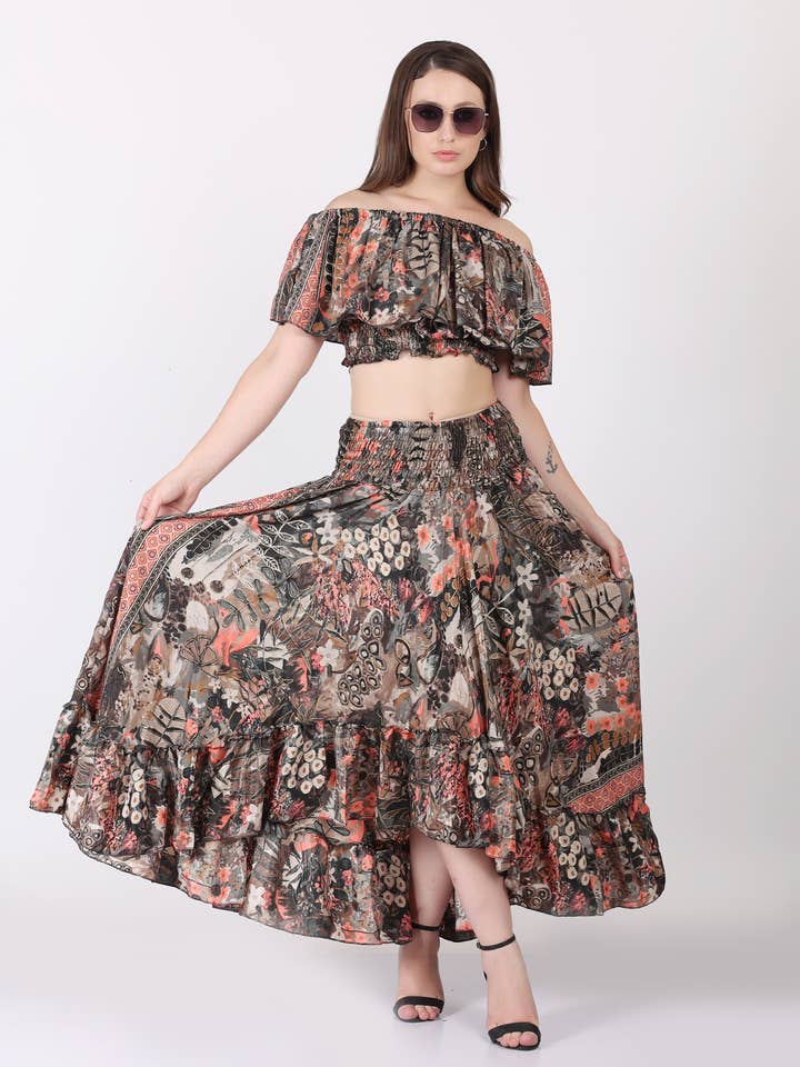 Bateau Neck Crop Length Top för kvinnor och lång tryckt kjoluppsättning för wholesale av Wevez