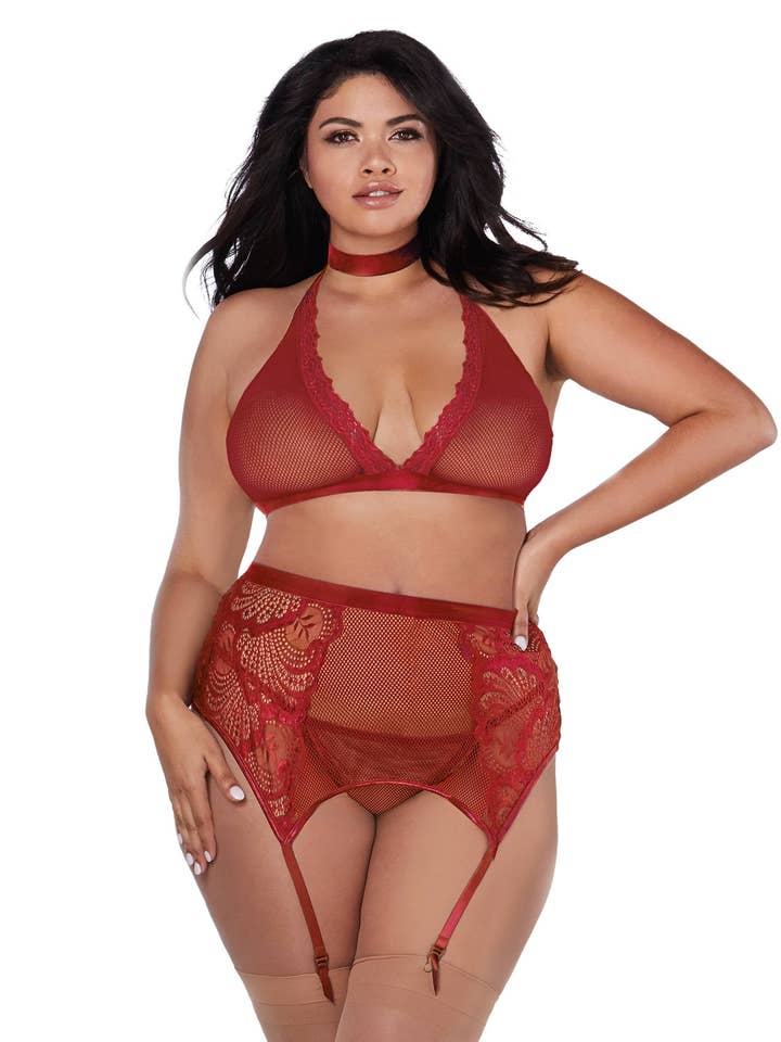 Plus size fishnet & Lace Velvet Trims Halter Bralette & Gart for wholesale by Dreamgirl International
