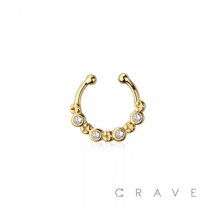 CRAVE – Engroshandel Enkeltøreringe – MESSING FALSK SEPTUM/HESTESKO MED 4 BEZEL CZ