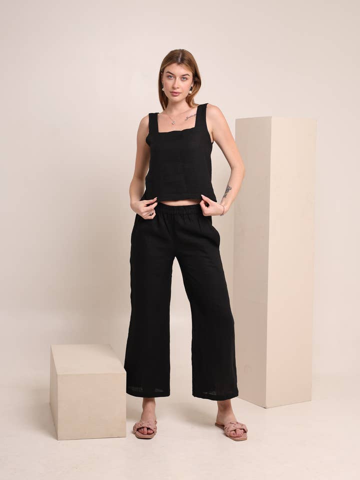 Leinen-Kombination in einfarbigem Schwarz für Damen - Ärmellos für den Großhandel von Fabthread