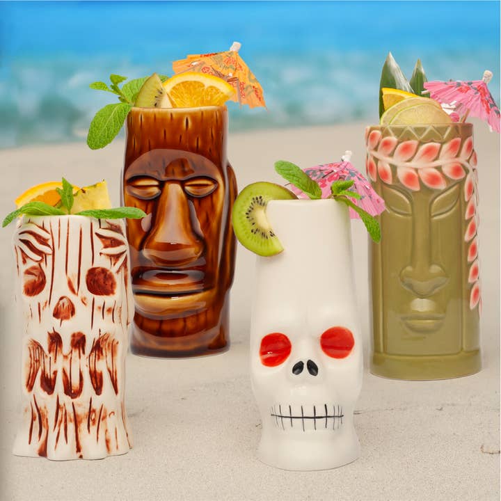 Lemonsoda - Wholesale Cocktail/Liquor Glass - Hard-Carved and Hand-Painted Tiki Mugs - Assorted Set (1pc)