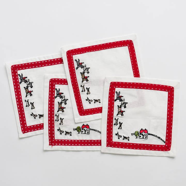 Pomegranate Inc - Wholesale Dinner & Cloth Napkin - Embroidered Hunt Scene Red Ribbon Cocktail Napkin | Set of 42