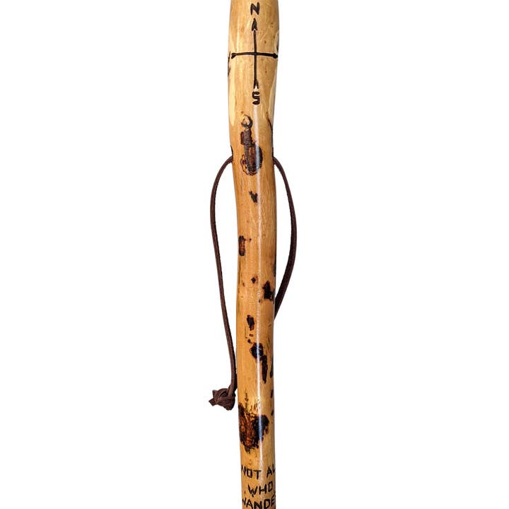 Creation Carvings LLC - Wholesale Sporting Accessories - Walking Stick with Compass carving & "Not all who wander are lost" quote, Hiking Stick, Up to 60" Tall strong wood staff for hiking.