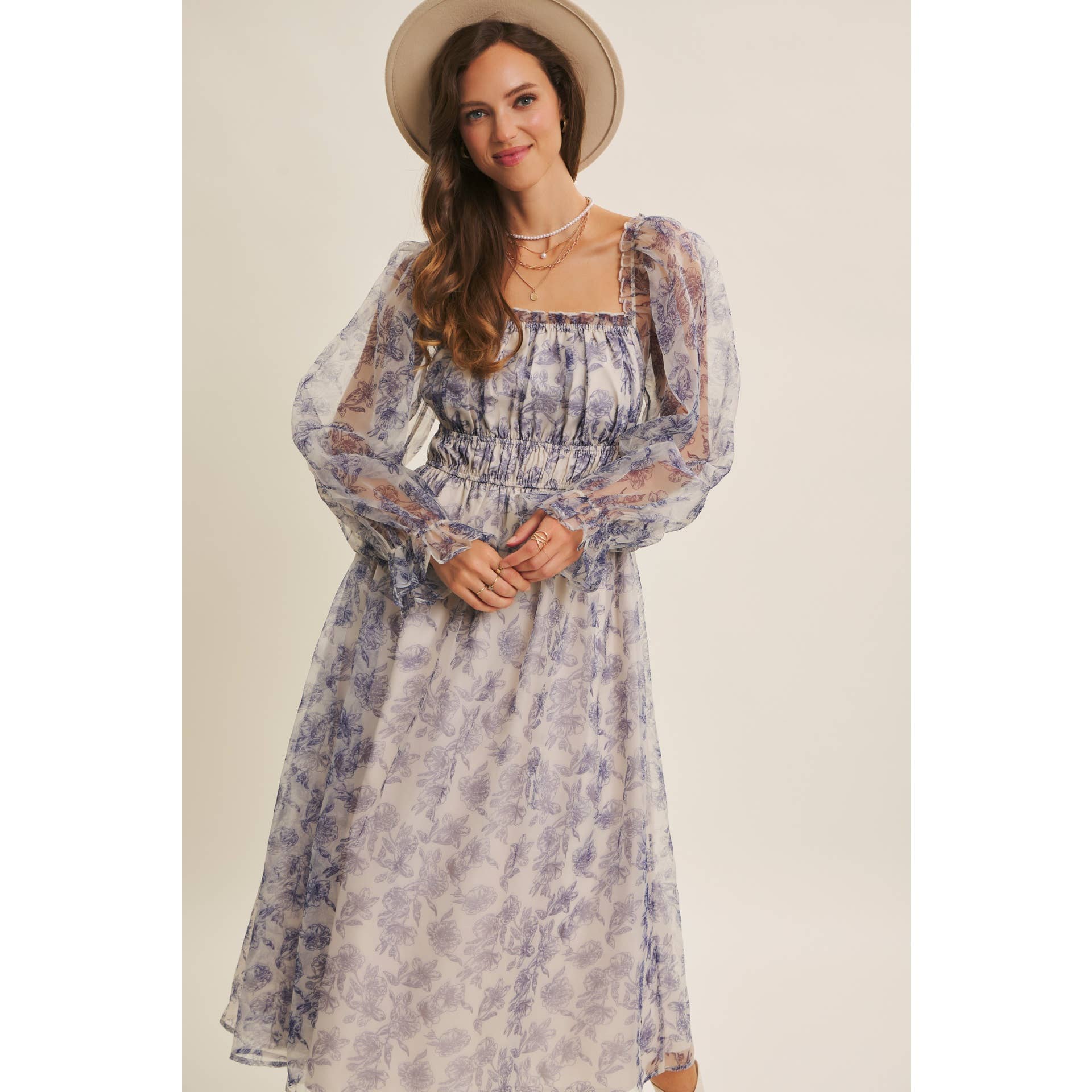 in february - Wholesale Jurk - Dames - ETHERISCHE ELEGANTIE BLOEMIGE ORGANZA MIDI-JURK MET ELASTISCHE TAILLE3