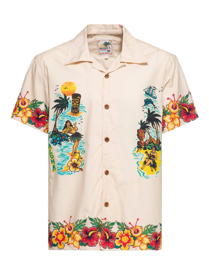 ecru Hawaiian organic cotton shirt “Honolulu Hawaii” for wholesale on Faire