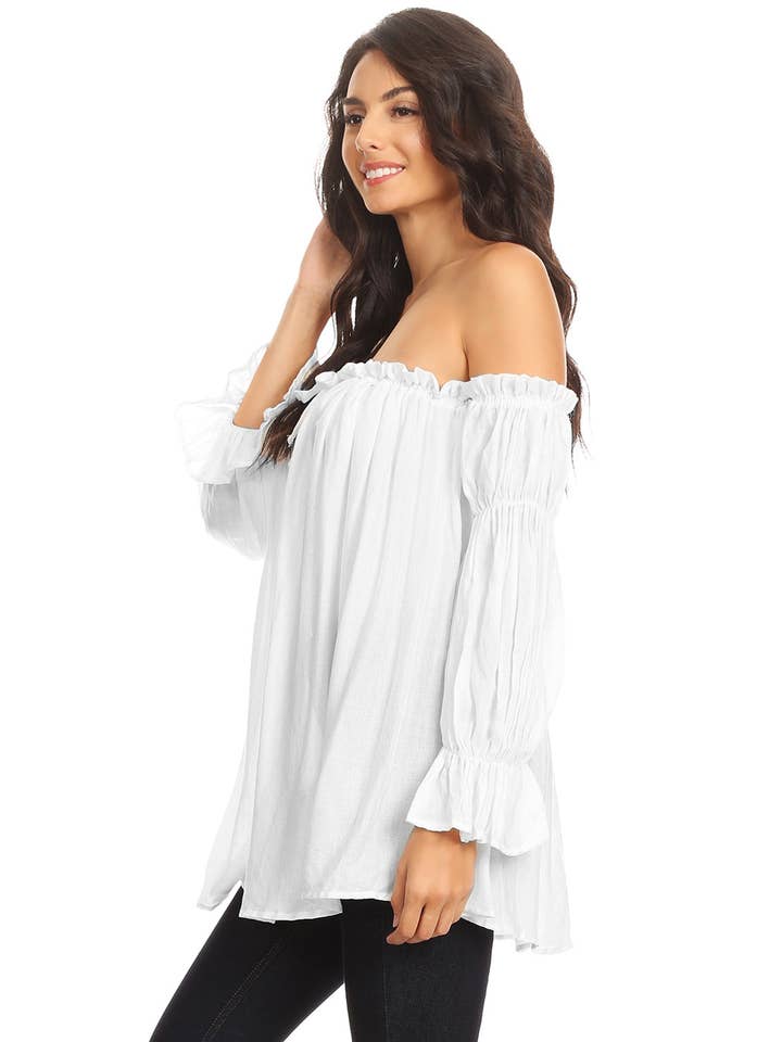 Anna Kaci Wholesale - Wholesale Blouse - Women's - Semi Sheer Boho Peasant Off the Shoulder Top3