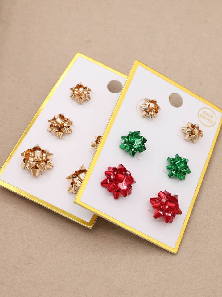 Gold-Dipped Christmas Holiday Gold Bow Earrings for wholesale by Mint & Shine