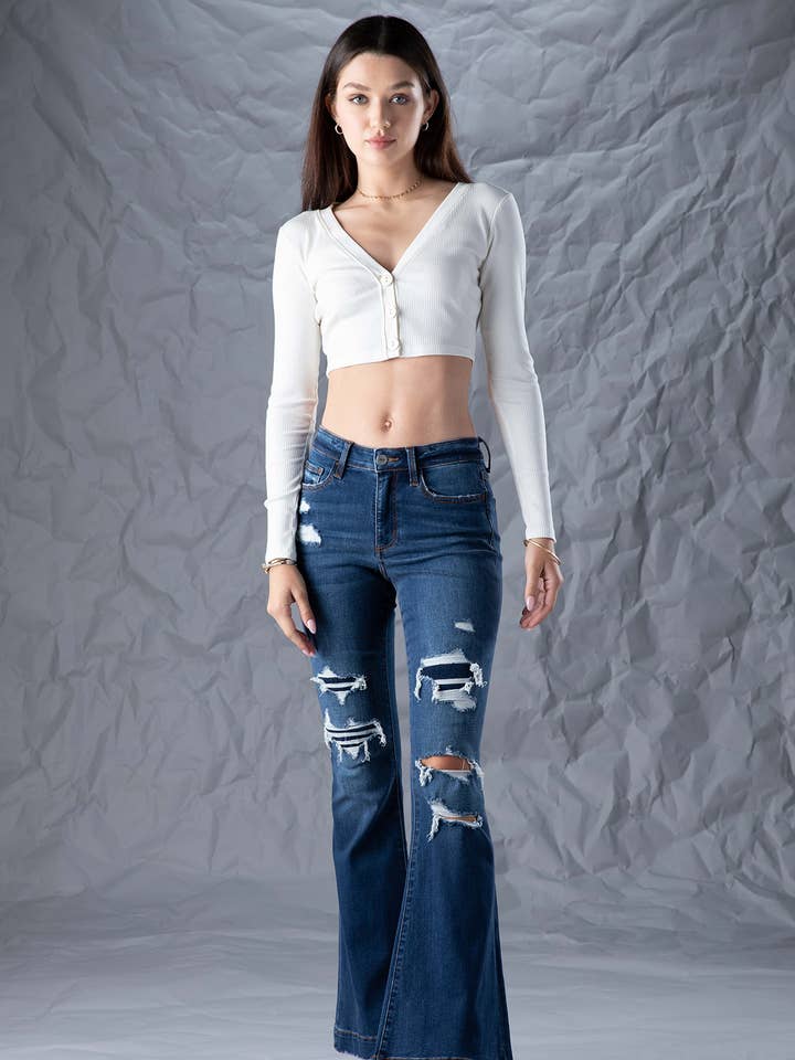 Efterår Kvinders mørke medio anledning nød Patch Flare Denim Jeans for engroshandel hos Ceros Jeans