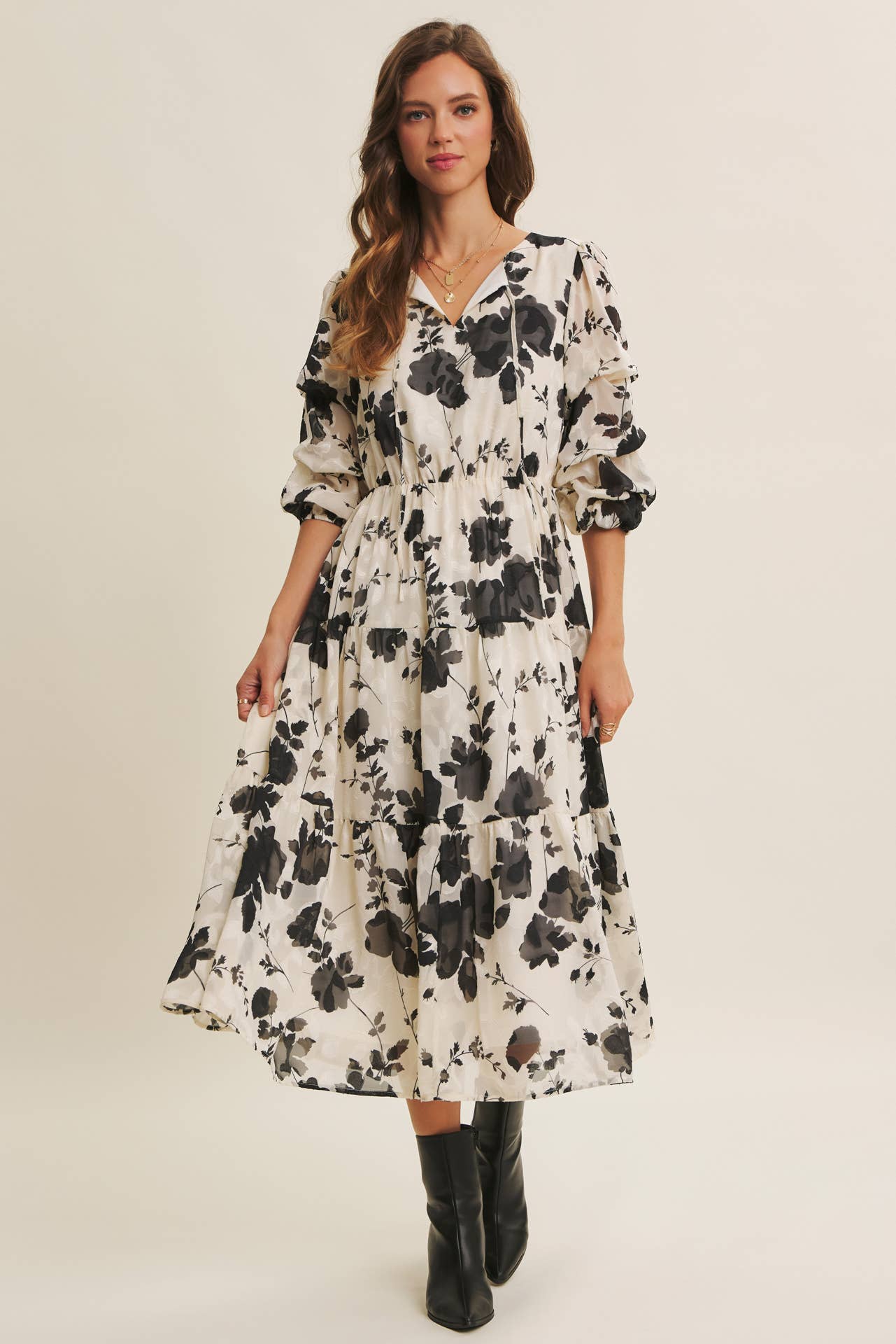 in february - Wholesale Dress - Women's - DREAMY JACQUARD FLORAL MIDI DRESS WITH STATEMENT SLEEVES0