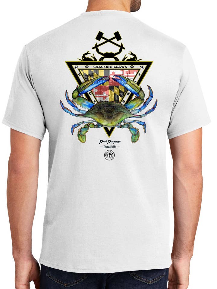 Men's Maryland Blue Crab Short Sleeve White Cotton T-Shirt for wholesale by David Dunleavy