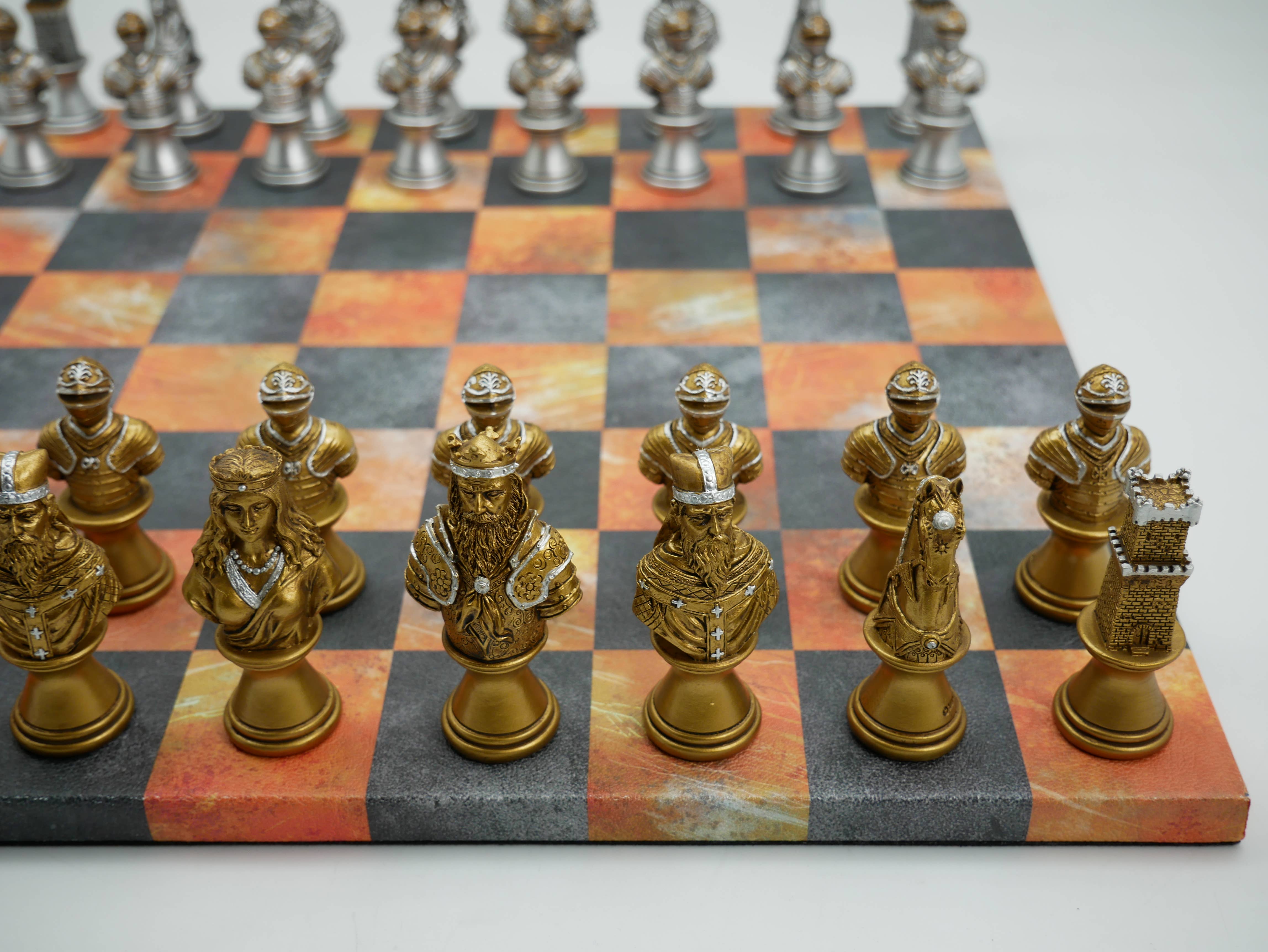 WorldWise Imports - Wholesale Board Game - Chess Set - Painted Resin Camelot Metal Bust on Fire & Dusky1