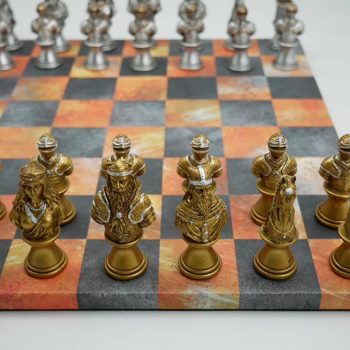 WorldWise Imports - Wholesale Board Game - Chess Set - Painted Resin Camelot Metal Bust on Fire & Dusky1