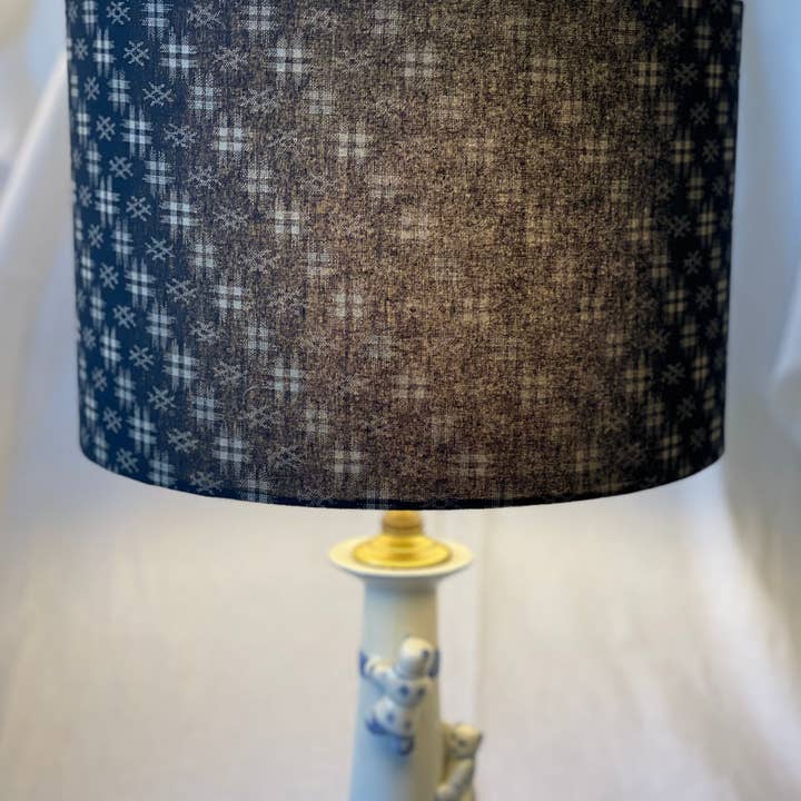 Olive and Limpet – wholesale Lampshade – 12 Inch Drum Lampshade. Traditional Japanese Design. Navy Blue with Ecru Hashtag Motif.3