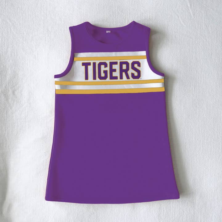 Scarlet & Gold - Wholesale Athletic Dress - Kids - The LSU | Purple Striped Cheer Dress