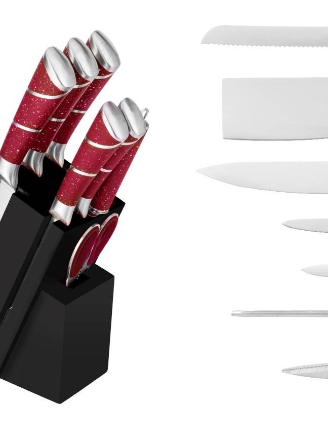 8 Piece Red Marble Cutlery Set - Full Set - Block included for wholesale by Fine Life Products
