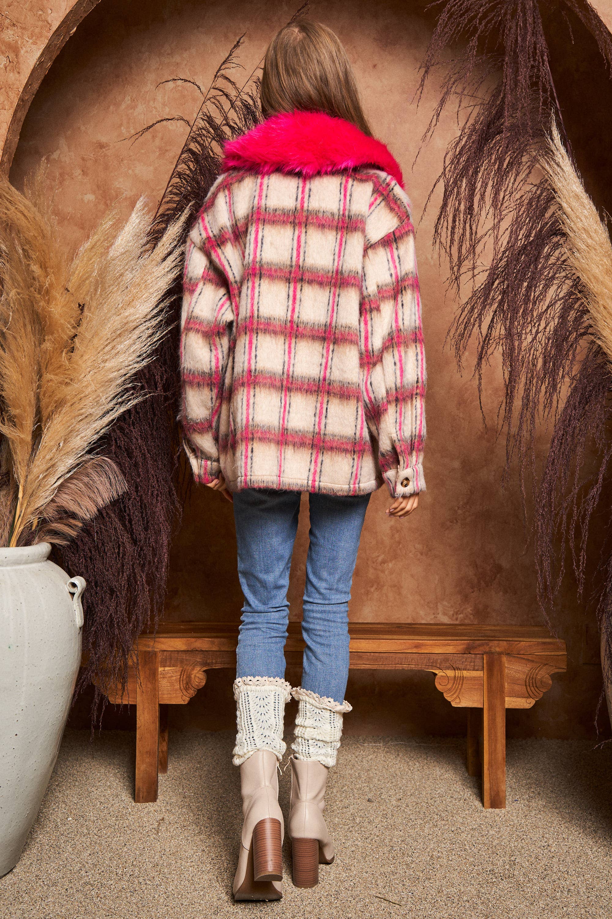 HOT PINK BEIGE PLUS MULTI PLAID FUR COLLAR SEPARATELY JACKET for wholesale on Faire11