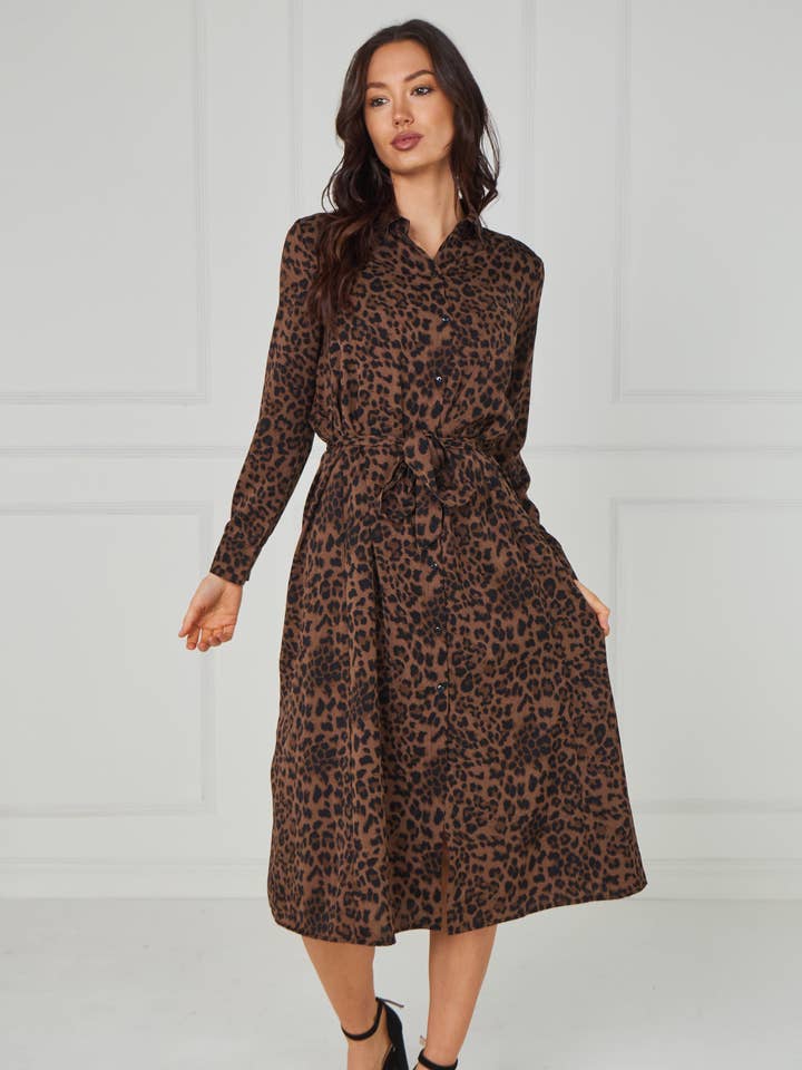 8pcs Brown Leopard Print Tie-Waist Button Midi Shirt Dress for wholesale by Love Sunshine Wholesale