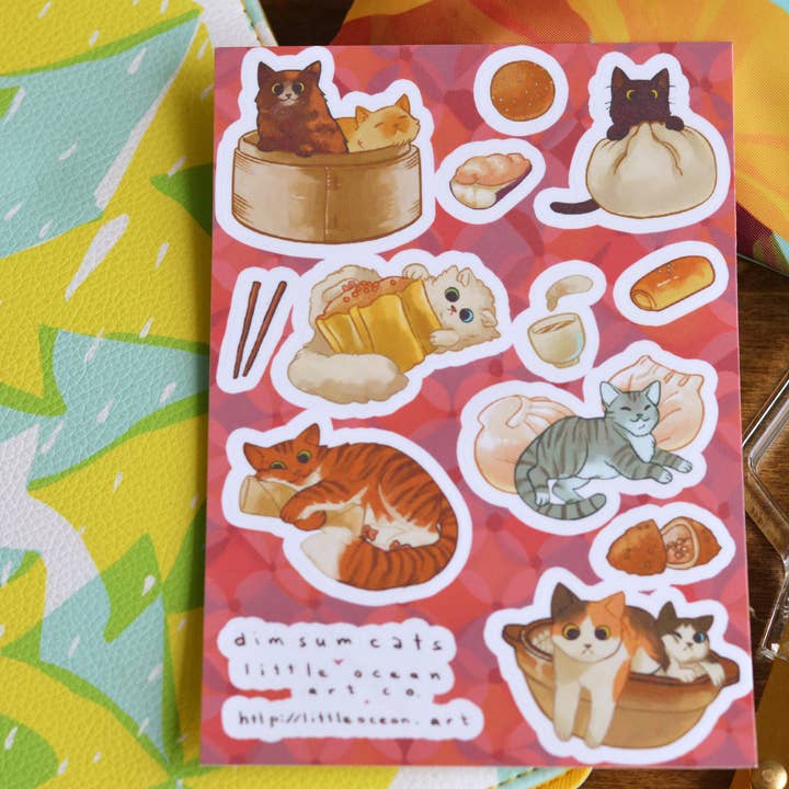 Dimsum Cats Sticker Sheet for wholesale by Little Ocean Art Shop