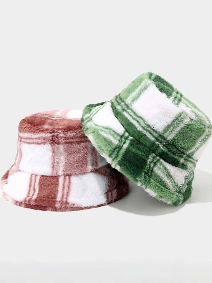 Color Block Plaid Soft Fleece Bucket Hat DP25F653 for wholesale by Dipped Shop