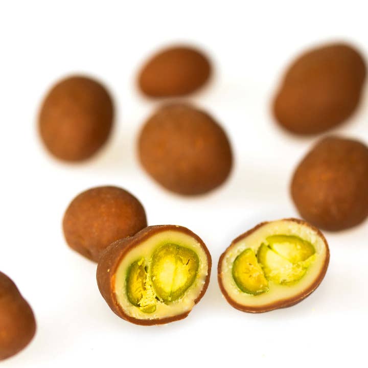 Zotter Chocolates - Wholesale Chocolate Covered Sweets - Pistachios in Almond Praline (Balleros)