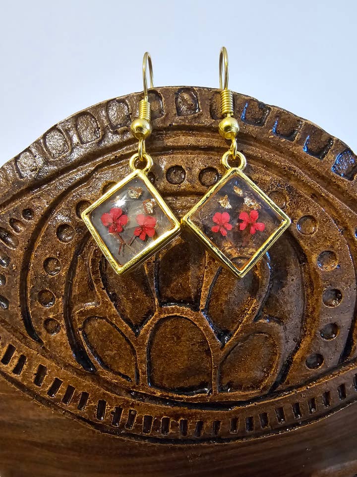 Gold Diamond, Small Pink Flowers with Gold Flake Earrings for wholesale by Survivors Alliance for Growth and Employment