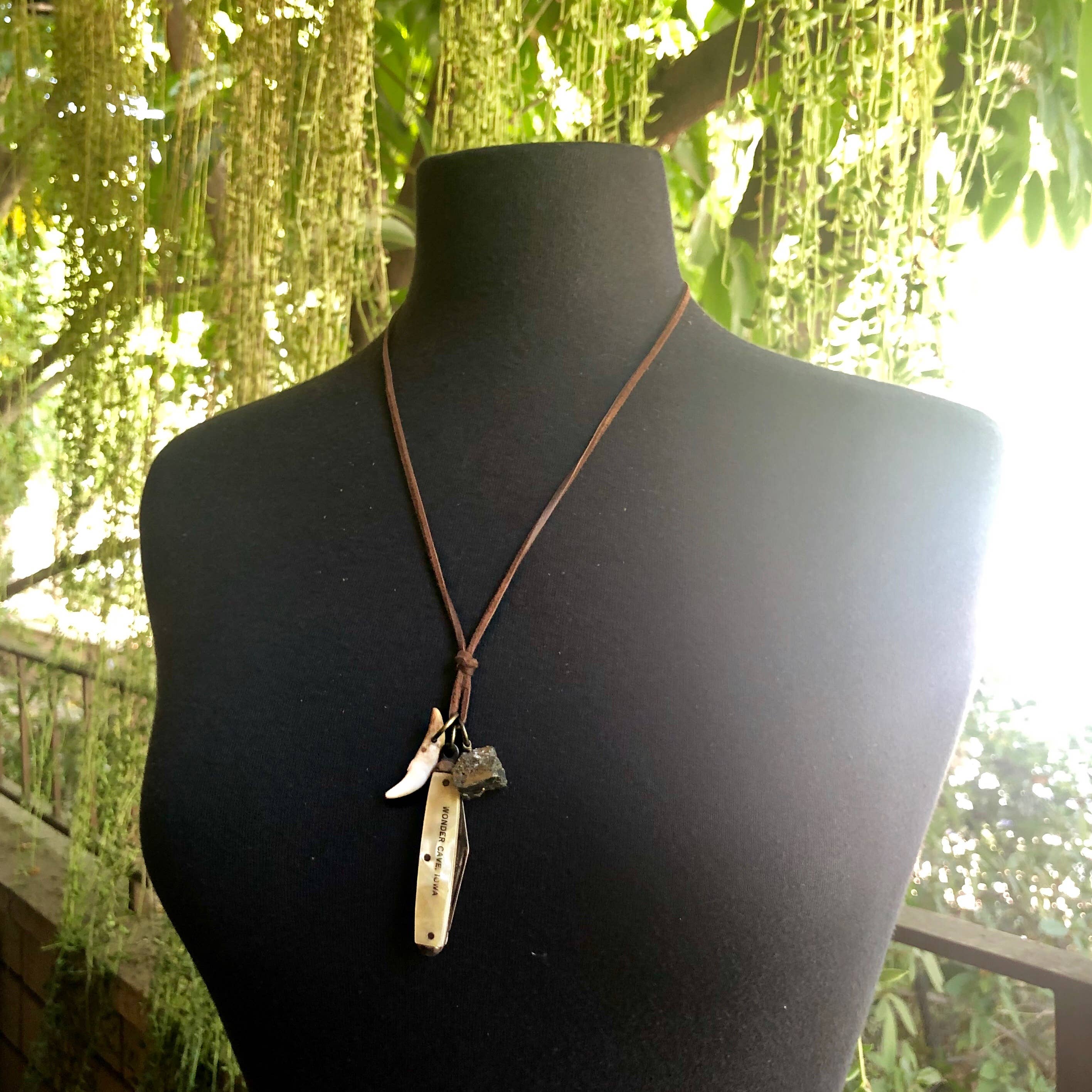 ASTALI - Wholesale Pendant/Charm Necklace - Vintage Pocket Knife & Coyote Tooth Necklace, Pyrite, Real1