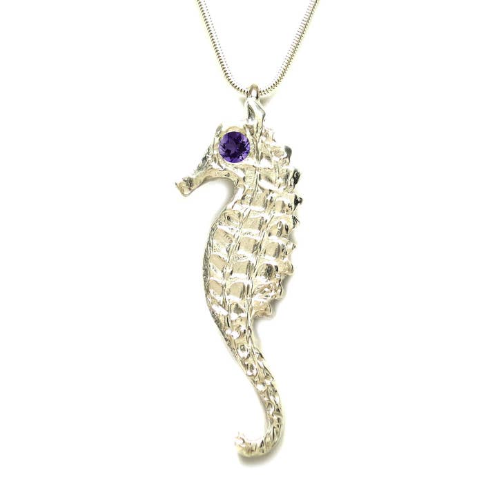 Sterling Silver Amethyst Large Seahorse Pendant Necklace 18 for wholesale by Michele Benjamin, LLC