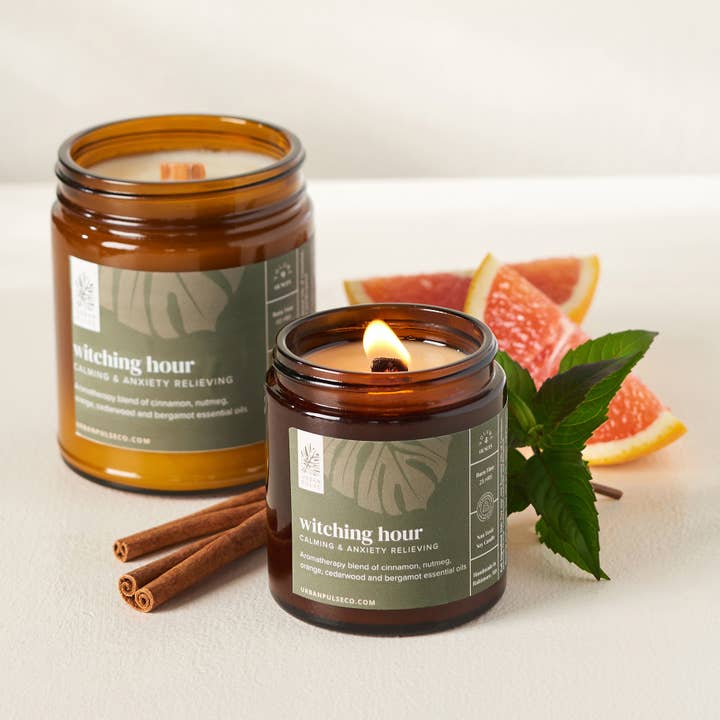 Cinnamon Orange Essential Oil Luxury Candles w/ Wood Wick for wholesale by Urban Pulse | Clean Skincare & Non Toxic Candles