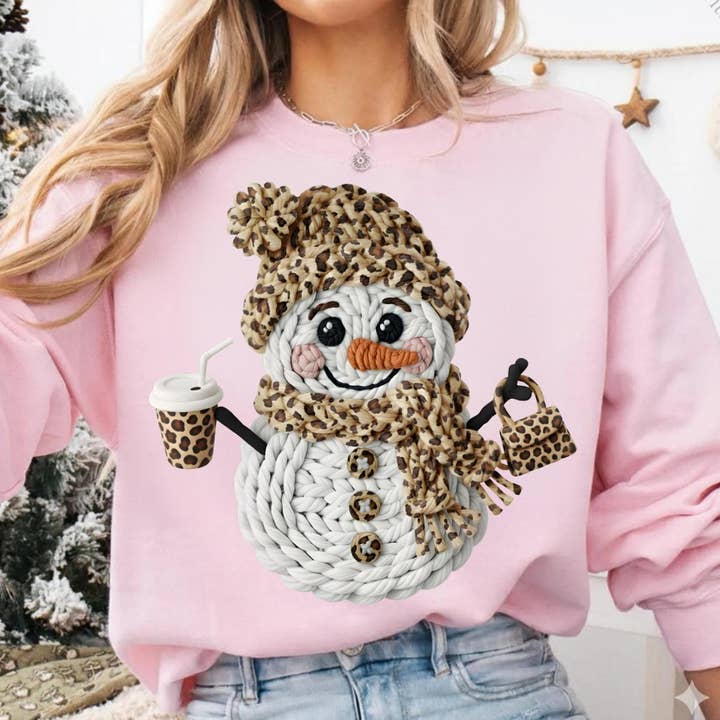 DLT Ecommerce - Wholesale T-Shirt (Graphic) - Women's - Faux Yarn Crochet Snowman Shirt, Leopard Christmas Sweater3